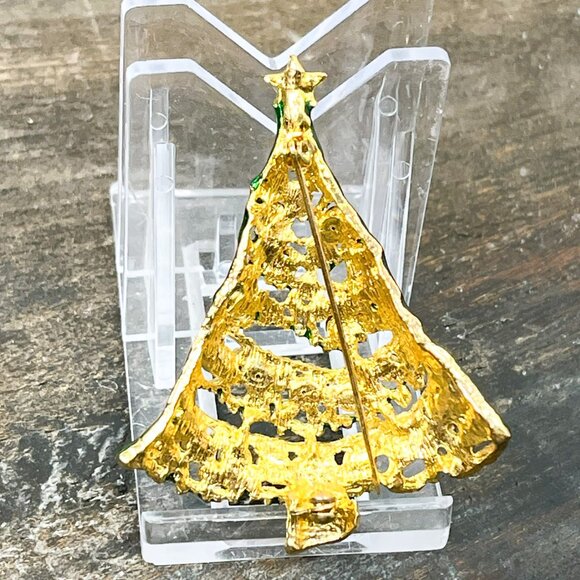 Vintage Beautiful Gold Tone and Rhinestone Jeweled Christmas Tree Brooch - Picture 4 of 9
